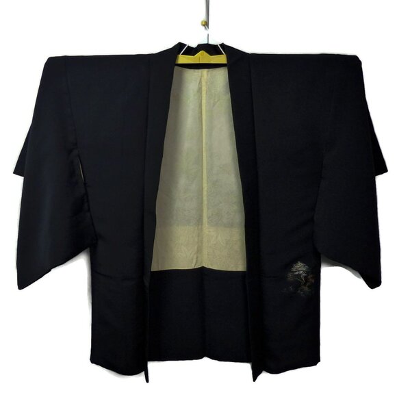 Vintage Black Silk Haori Kimono Jacket Cozy Houses & Trees Metallic Landscape - Picture 8 of 11